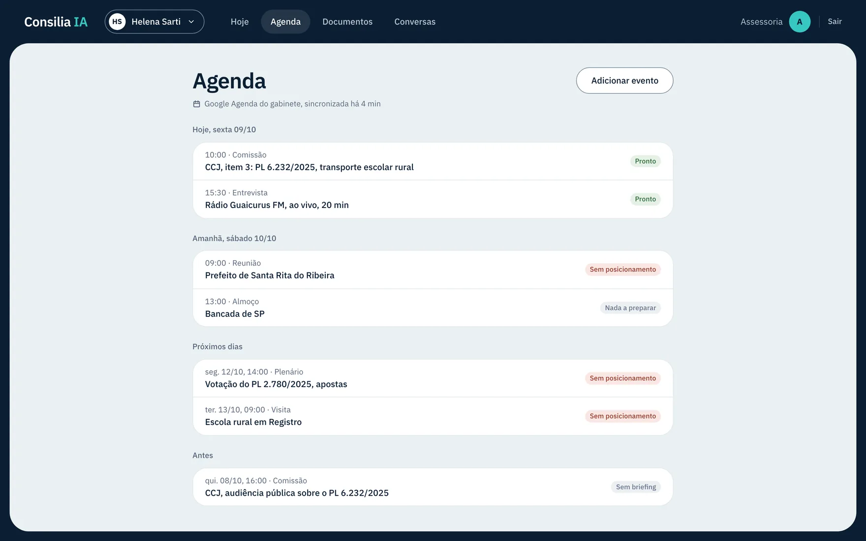 A aba Agenda da Consilia IA numa janela do navegador: a semana do gabinete com a reunião da CCJ e a entrevista na rádio.
