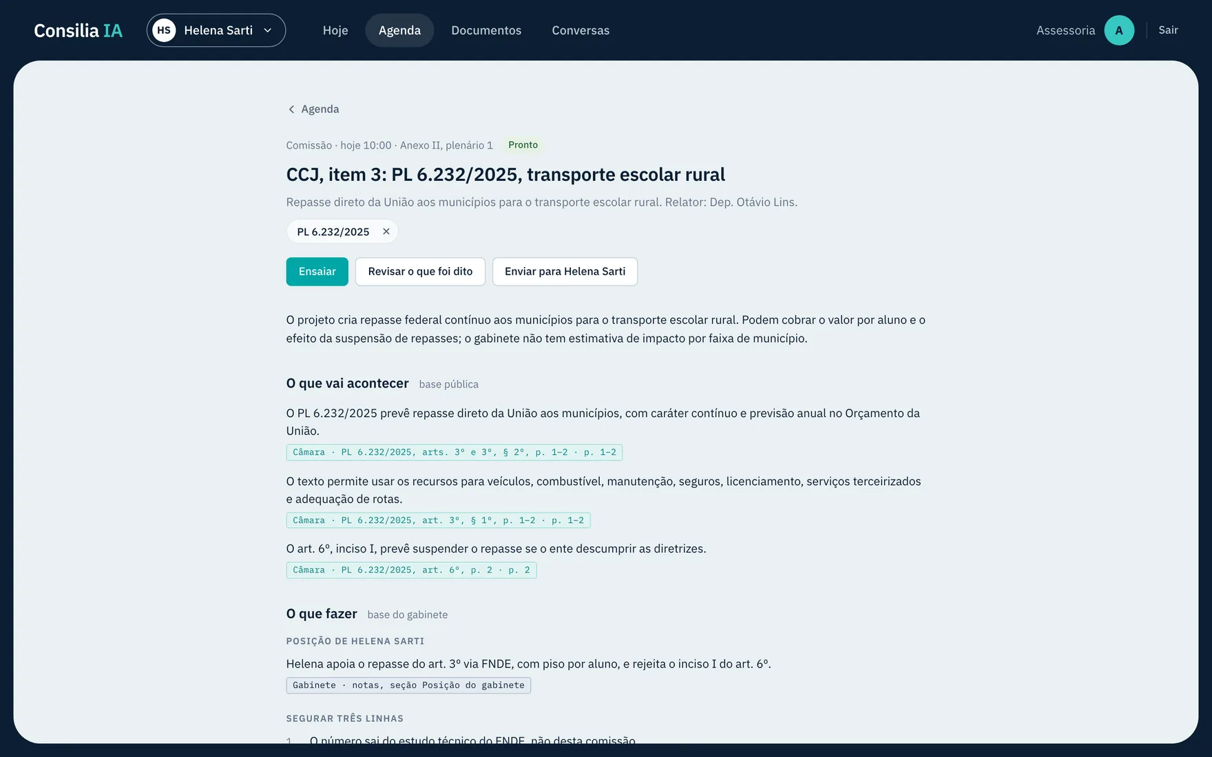 O briefing da CCJ numa janela do navegador: o título do compromisso, a posição do gabinete e a etiqueta de origem de cada linha.