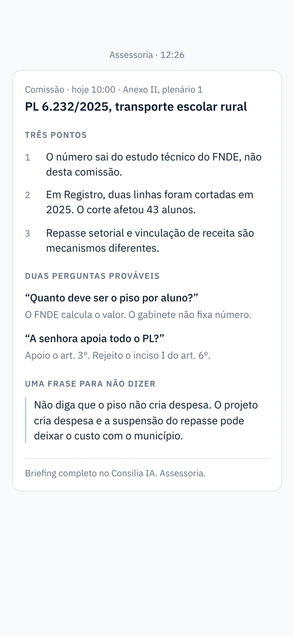 A mensagem para a deputada na tela do celular: três pontos, duas perguntas prováveis e uma frase para não dizer.