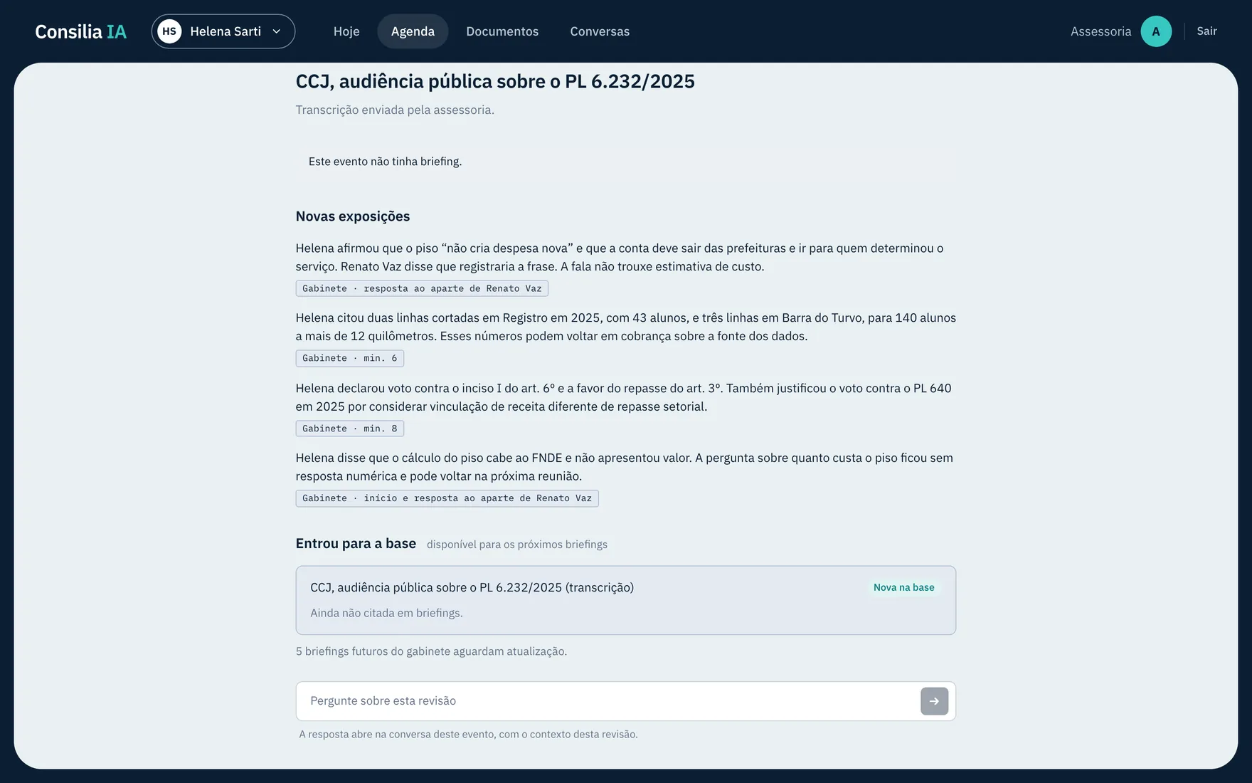 A revisão da audiência pública numa janela do navegador, no bloco "Entrou para a base".